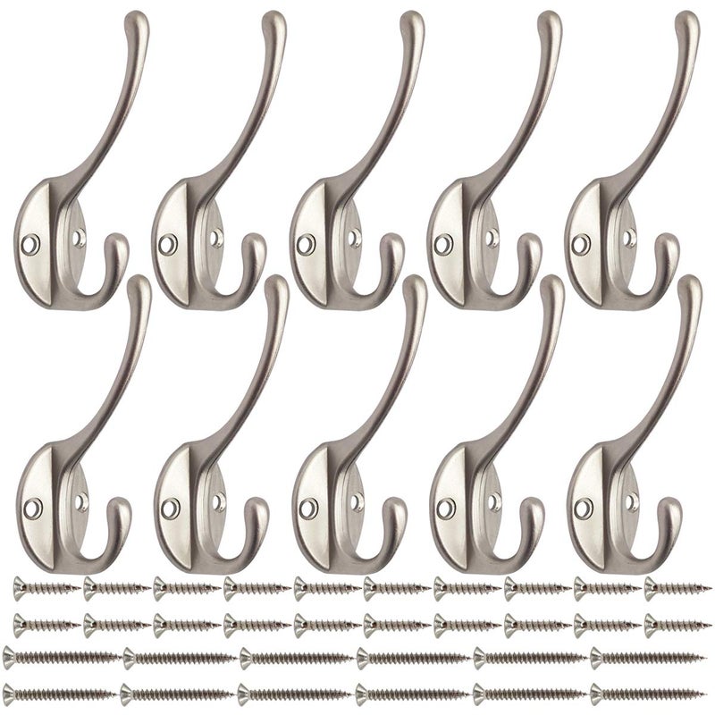 IBosins 10 Pack Heavy Duty Dual Coat Hooks Wall Mounted with 40 Screws Retro Double Hooks Utility Silvery Hooks for Coat, Scarf, Bag, Towel, Key, Cap, Cup, Hat (Silvery) - Image 1